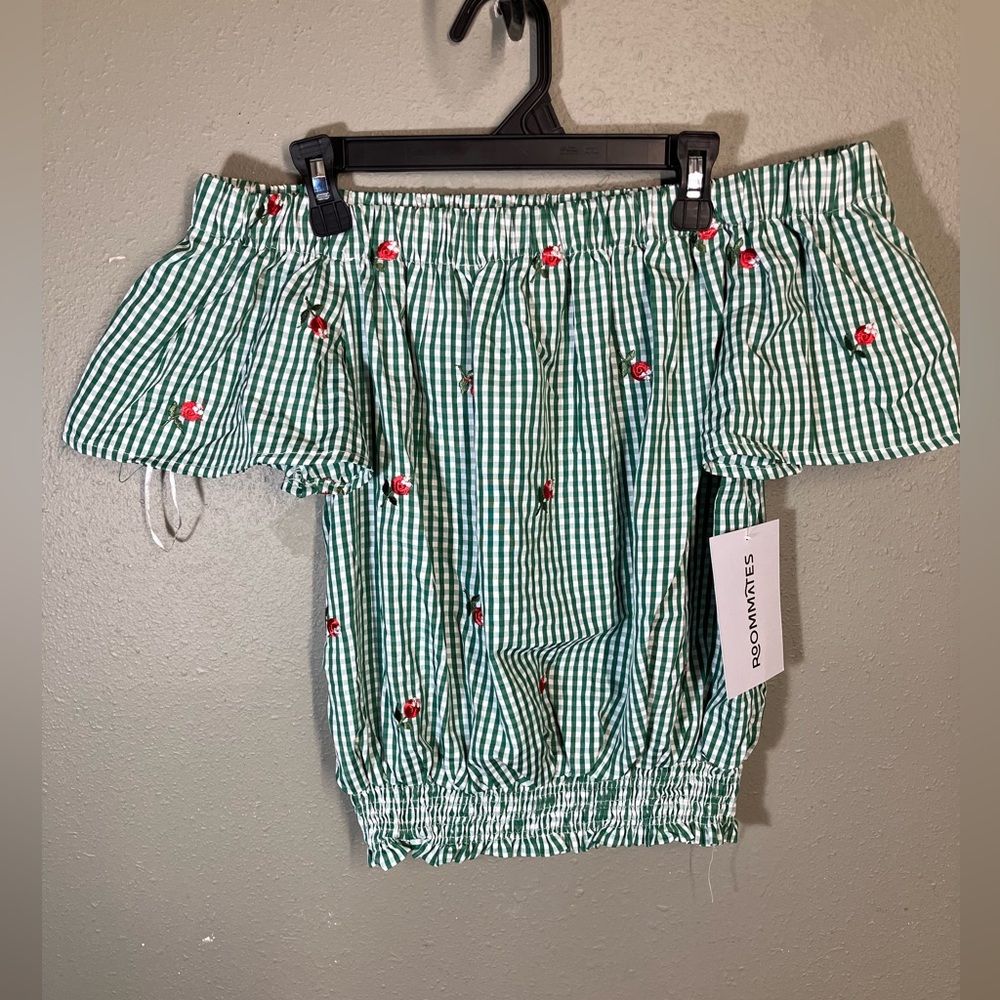 Roommates green gingham off the shoulder, nwt medium